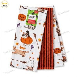 Bouffants And Broken Hearts 3pc Cats Pumpkins Kitchen Towels NWT
